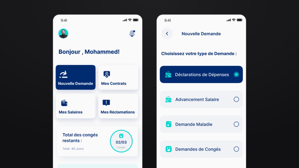 Hammer Group — employee home dashboard and request type selection