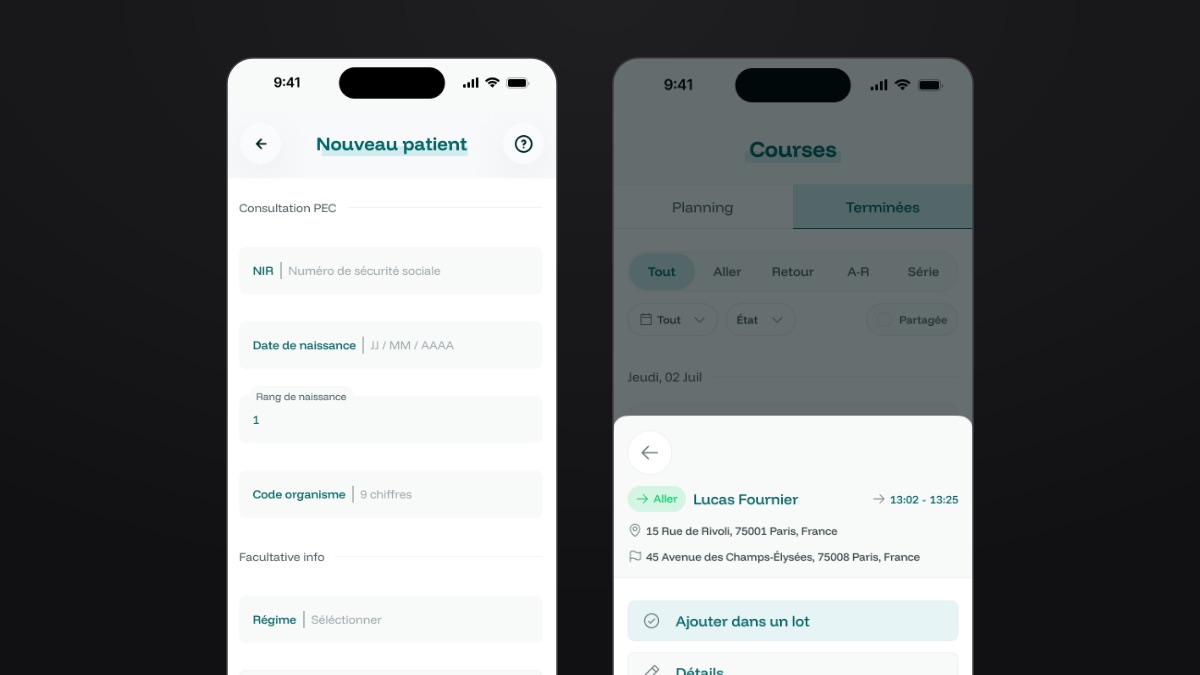 Saturne Pro — new patient form with PEC lookup, and trip actions